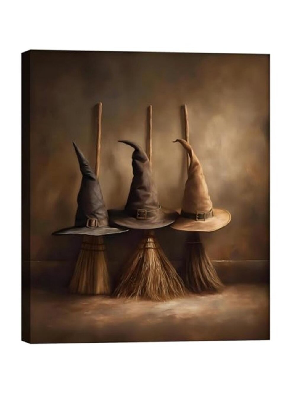 Framed Halloween Witch Hats Broom Trio Canvas Wall Art, Rustic Spooky Brooms